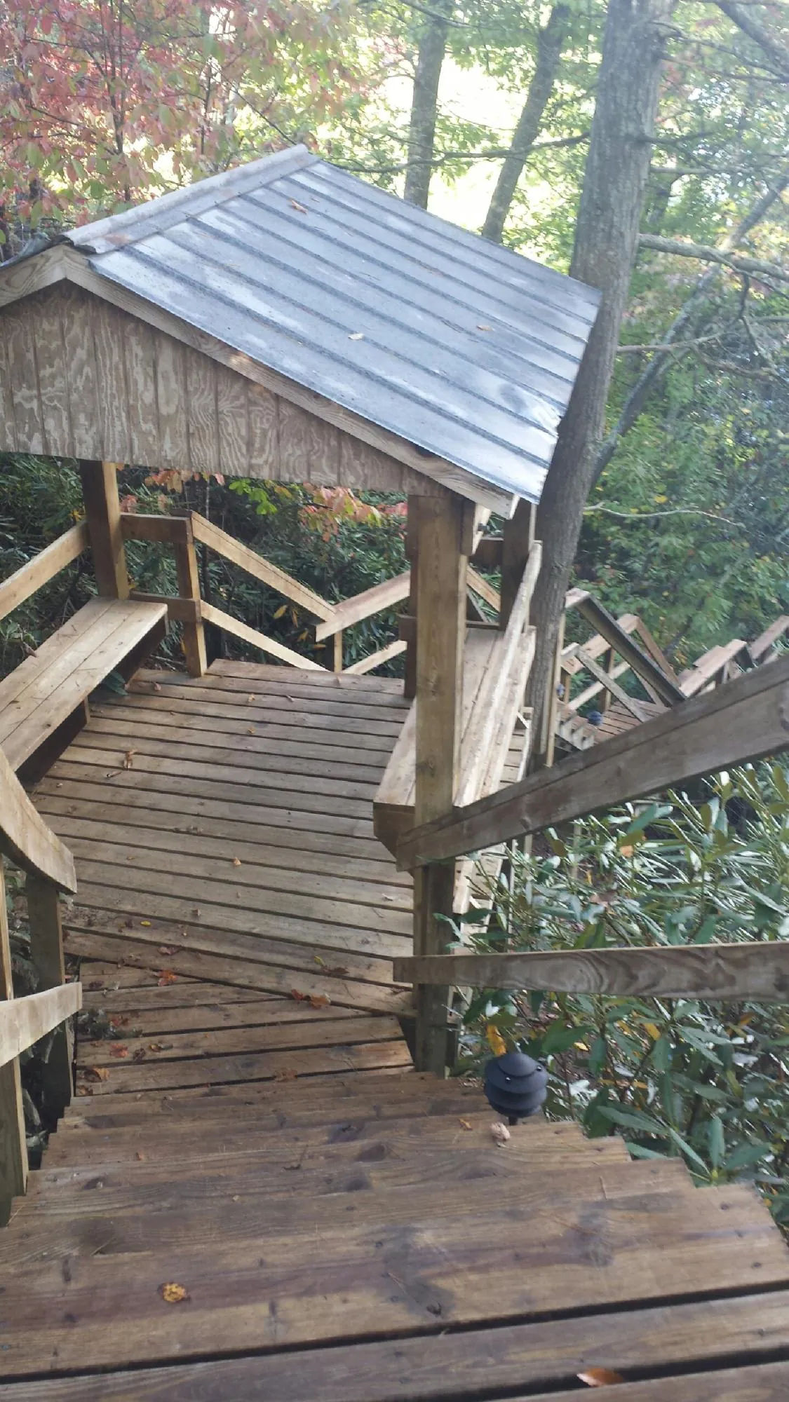 Metal roofed shelter over wooden steps on a wooded walkway — Skylight Repair & Installation work by our crew in Cherokee